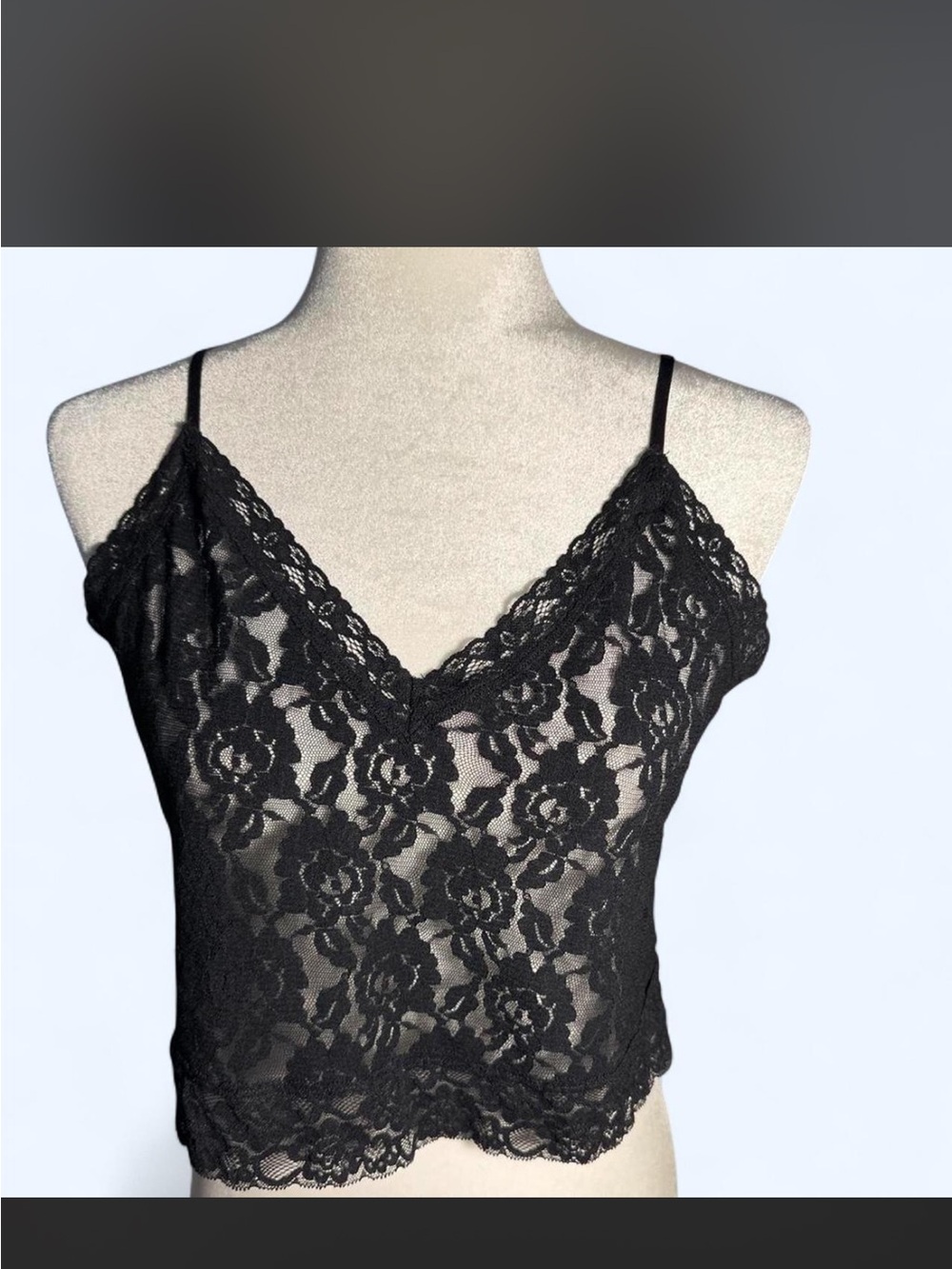 Anthropologie Black Floral Lace Camisole with Scalloped Hem